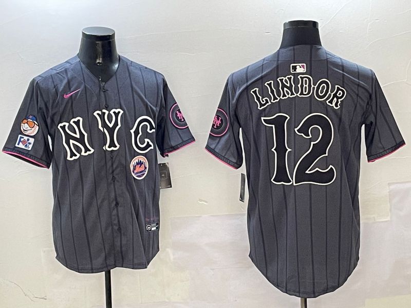 Men New York Mets 12 Lindor Black City Edition 2025 Nike MLB Jersey style 8